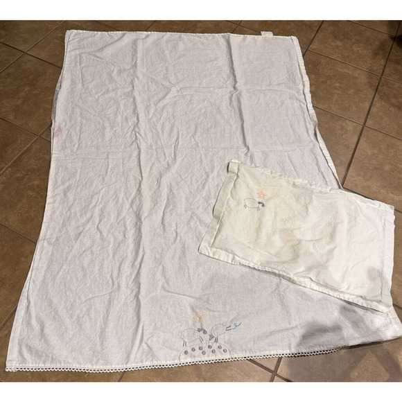 Ikea Baby Sheet & Pillowcase Embroidered Sheep Minnen Lamm Crib Nursery stain - Picture 2 of 7